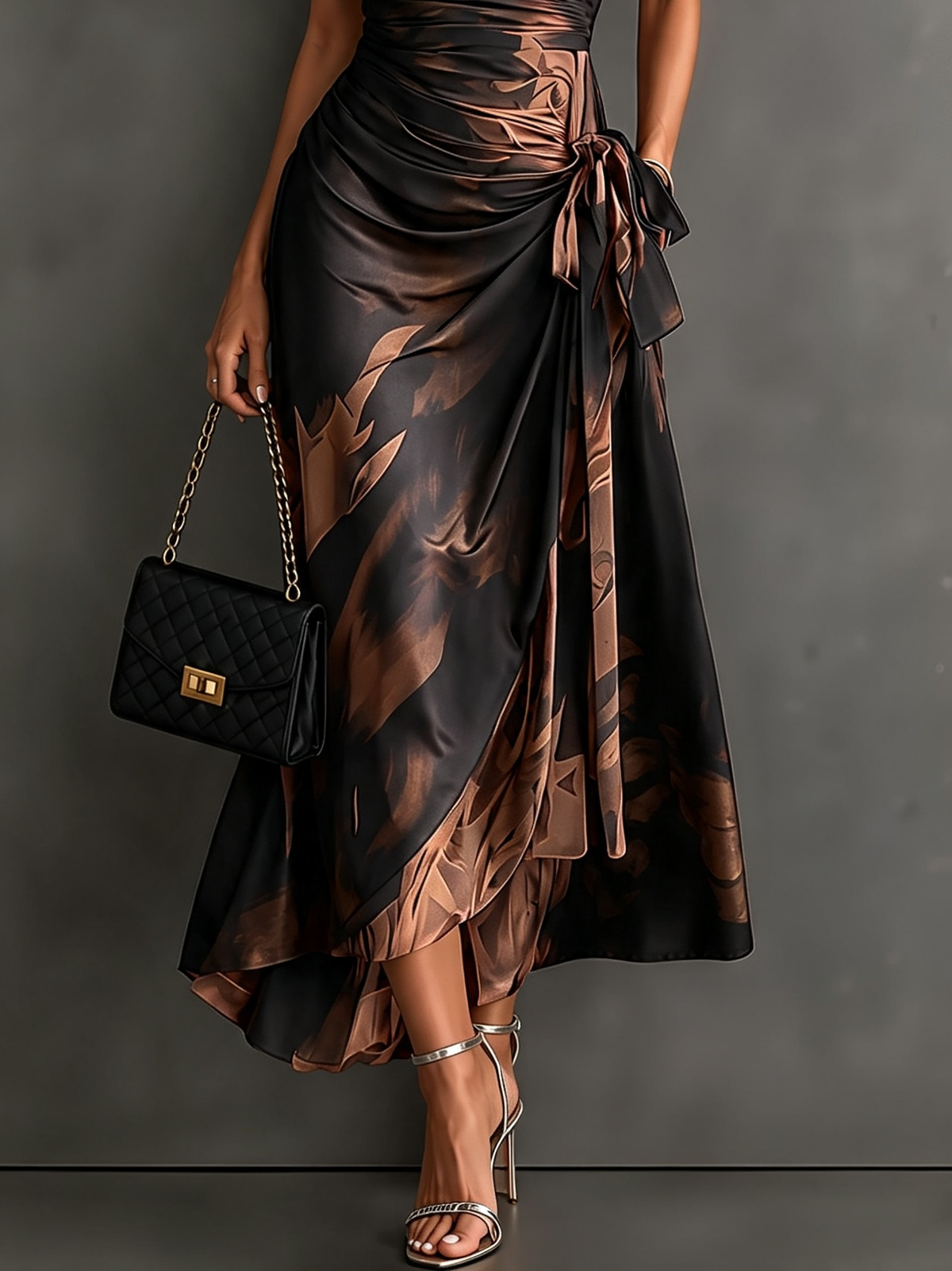 Vestido midi cruzado estampado marrón con escote en V y volante