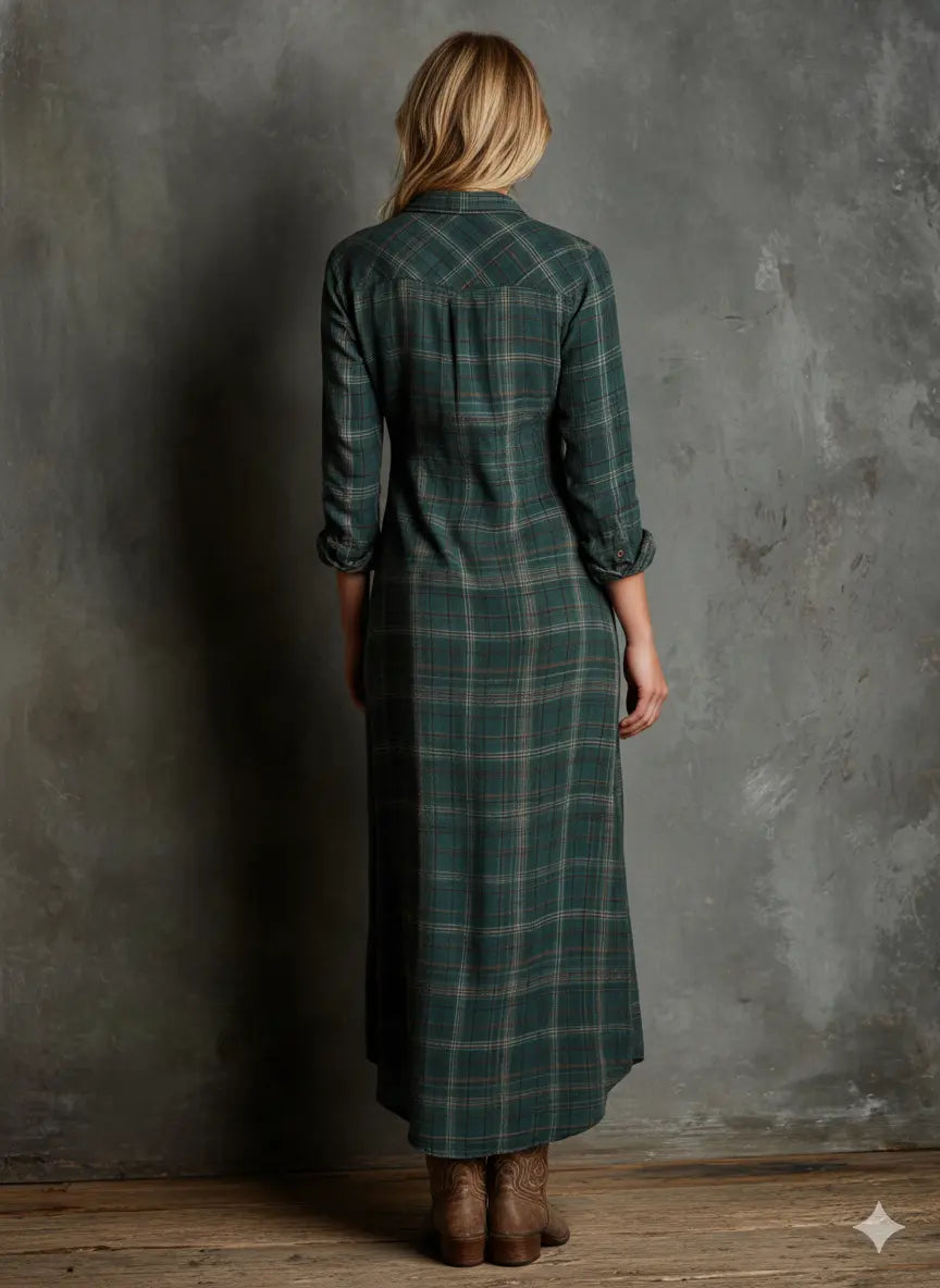 VESTIDO MAXI CAMISERO CUADROS SOLAPAS