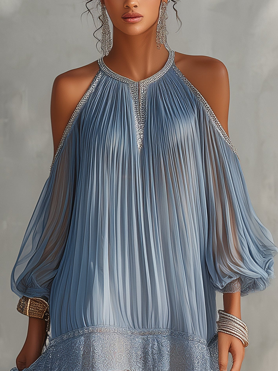 Serena | Vestido Mini Azul con Hombros Descubiertos, Fruncido y Dobladillo de Encaje