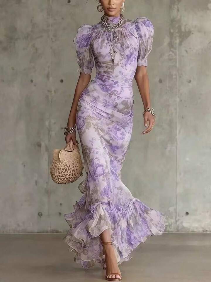 Eugenia Vestido Maxi con Estampado Floral Vintage Rosa y Mangas Abullonadas (Accesorios no incluidos)