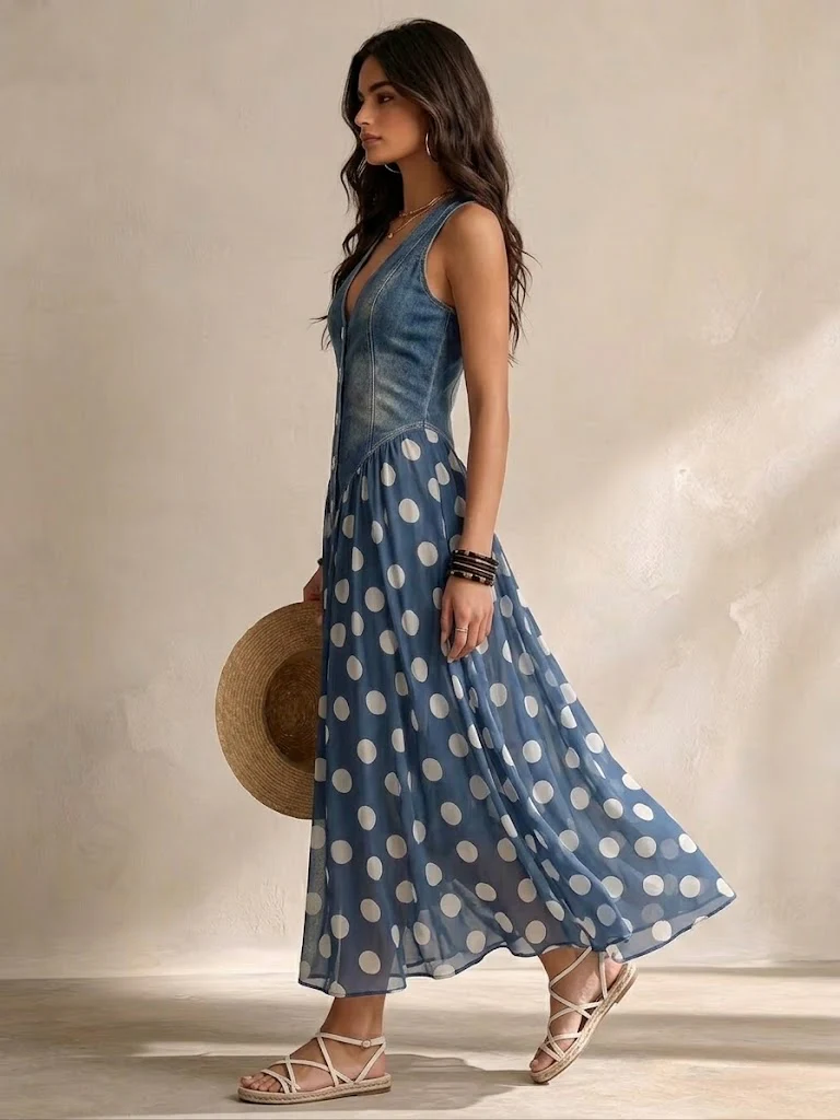 Beatriz | Vestido vaquero elegante con falda de chifón de lunares