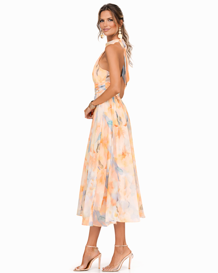 Aurora | Vestido con cuello halter y estampado en acuarela