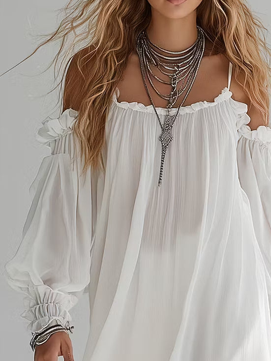 Marina | Vestido Mini Fluido de Estilo Bohemio con Hombros Descubiertos
