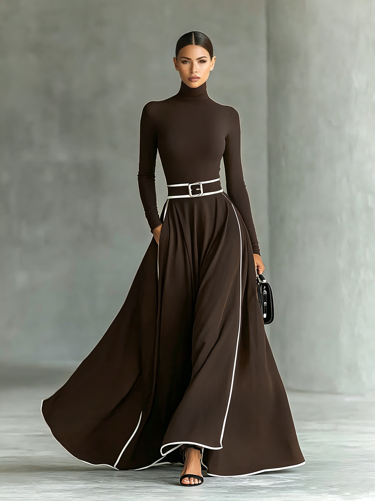 Nicole | Vestido maxi de mujer negro con costuras blancas, cuello alto, mangas largas y cintura entallada