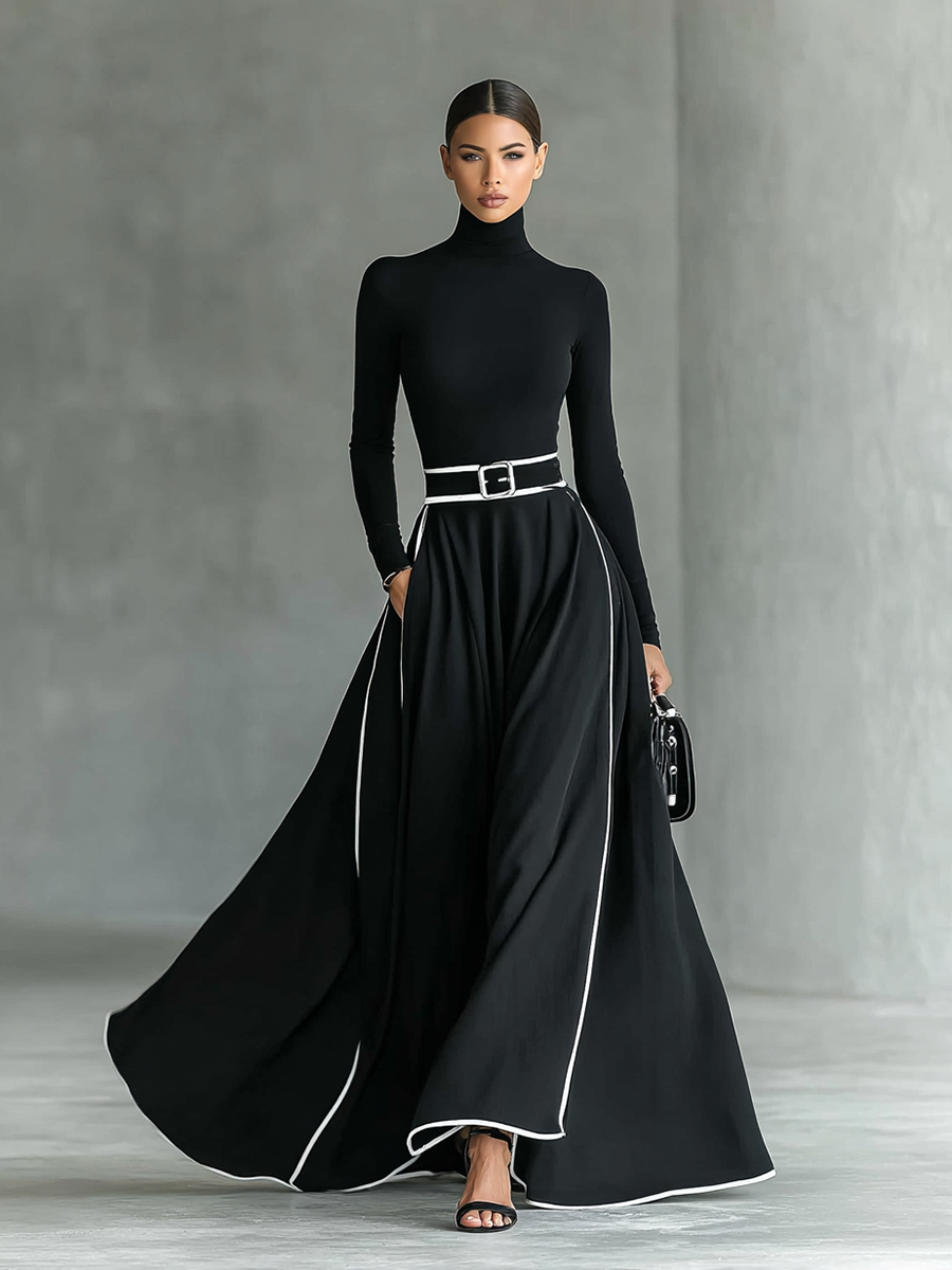 Nicole | Vestido maxi de mujer negro con costuras blancas, cuello alto, mangas largas y cintura entallada