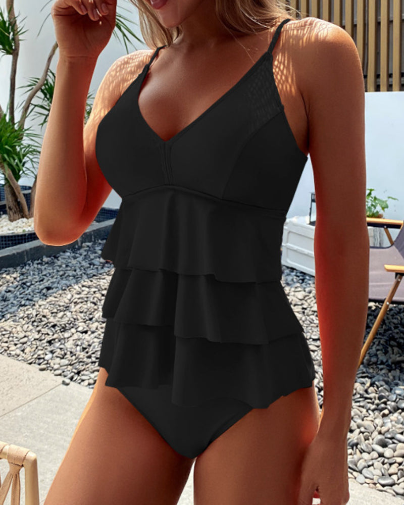 Sal y sol| Traje de baño liso con volantes elegantes