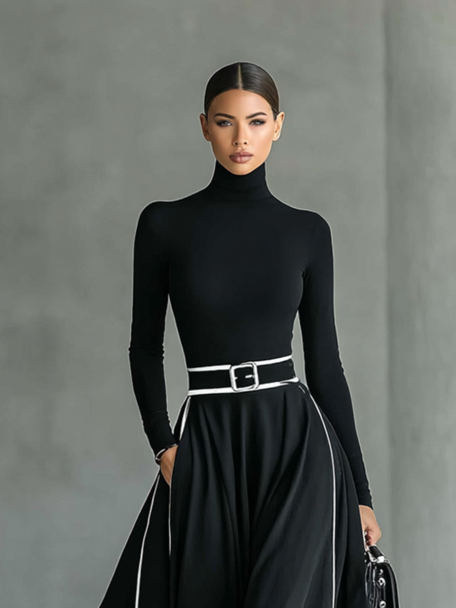 Nicole | Vestido maxi de mujer negro con costuras blancas, cuello alto, mangas largas y cintura entallada