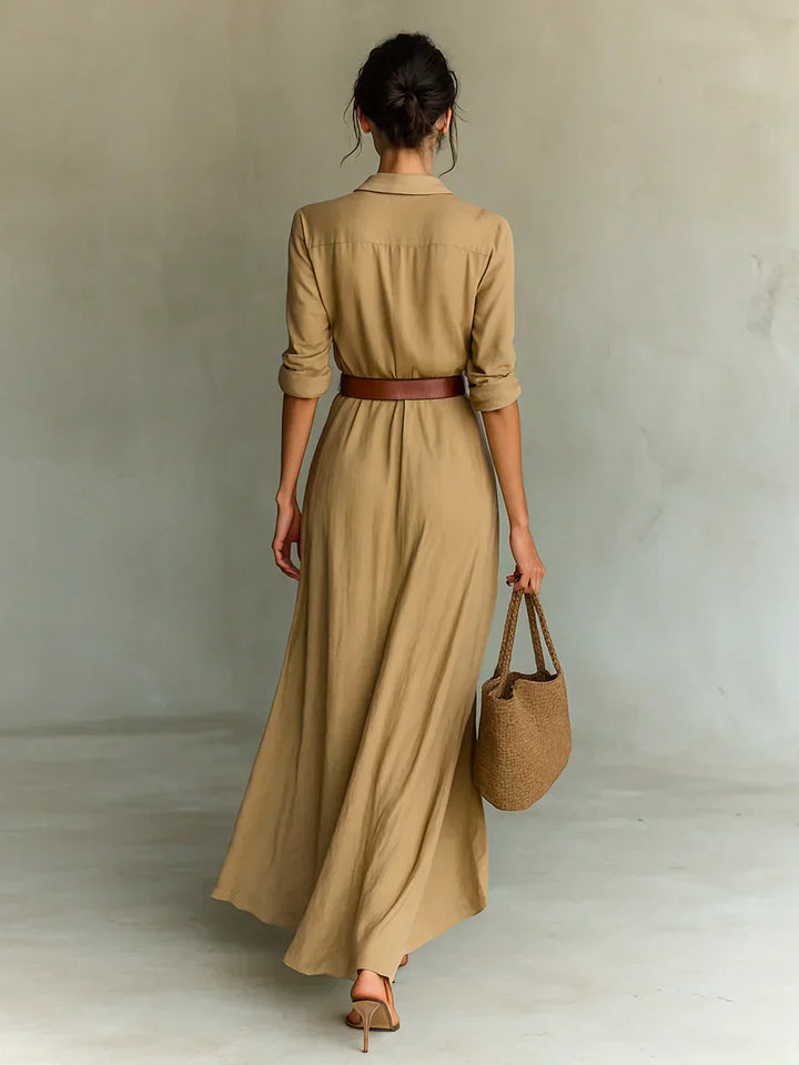 Teresa | Vestido largo con solapa y cinturón en la cintura