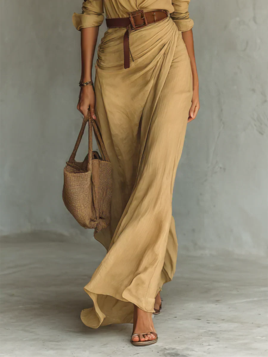 Teresa | Vestido largo con solapa y cinturón en la cintura