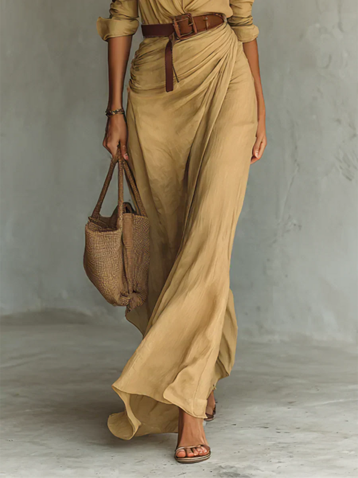 Teresa | Vestido largo con solapa y cinturón en la cintura