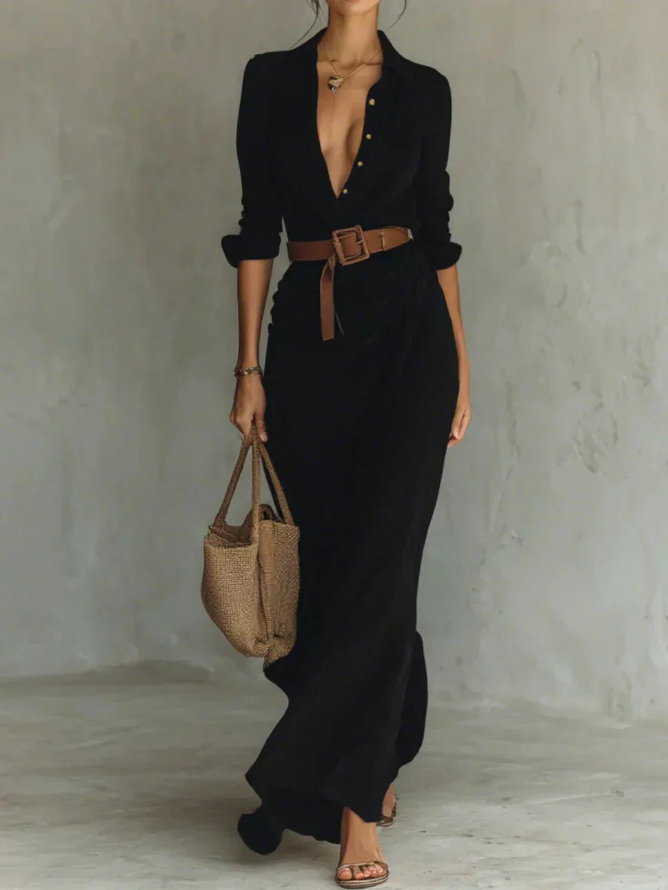 Teresa | Vestido largo con solapa y cinturón en la cintura