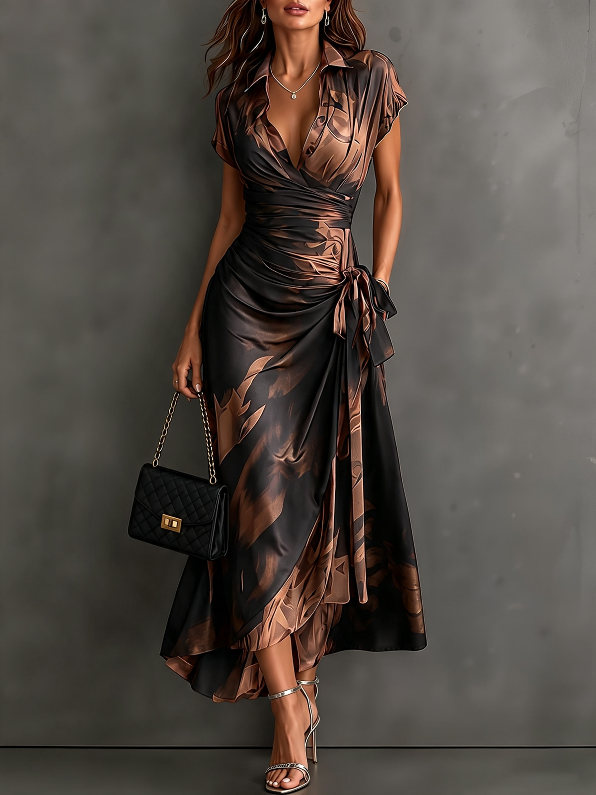 Vestido midi cruzado estampado marrón con escote en V y volante