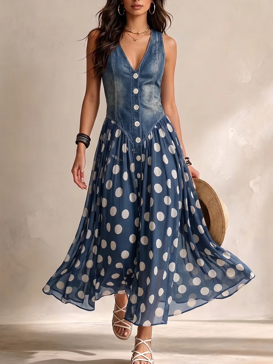Beatriz | Vestido vaquero elegante con falda de chifón de lunares