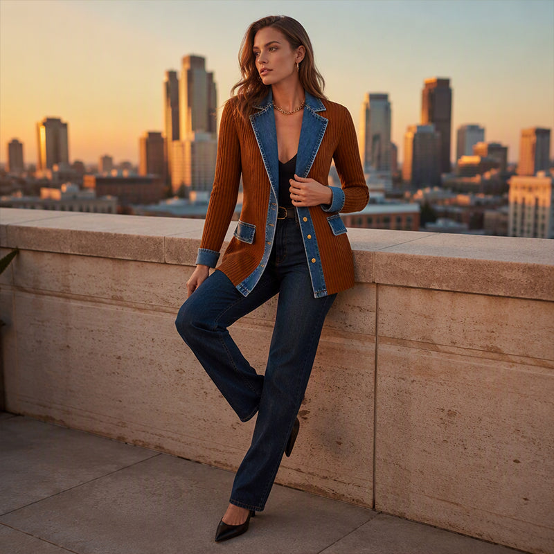 ⭐ Elegante abrigo de mujer de denim con inserto de punto acanalado