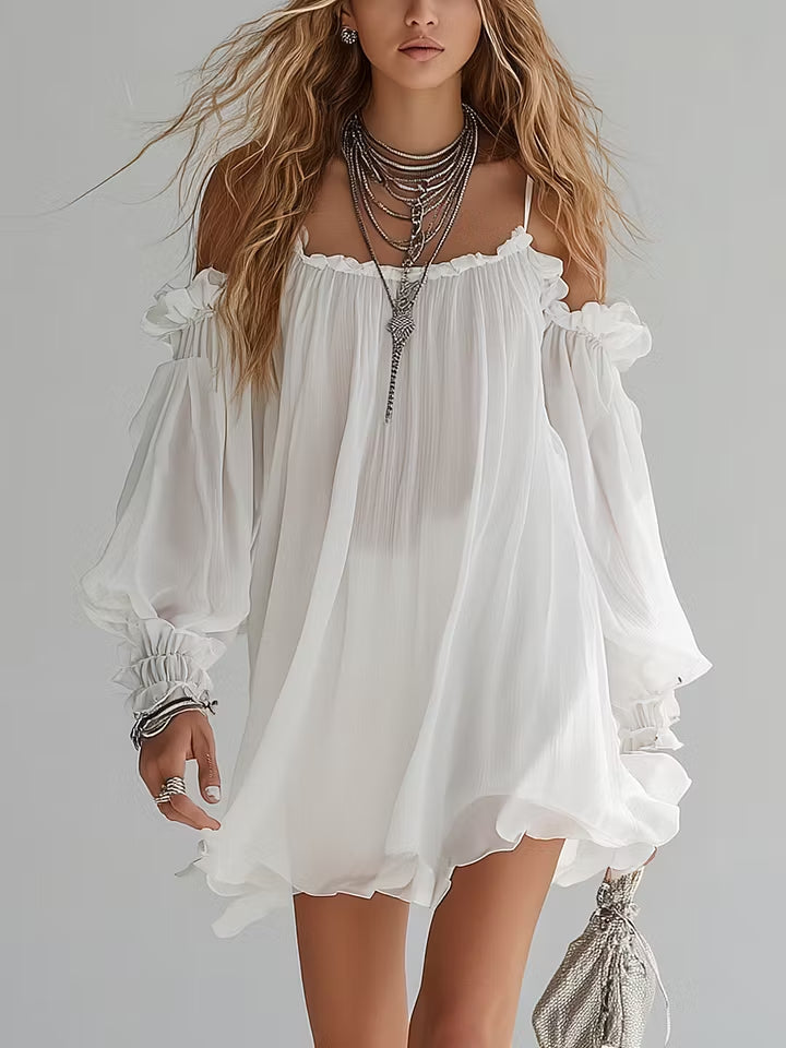 Marina | Vestido Mini Fluido de Estilo Bohemio con Hombros Descubiertos