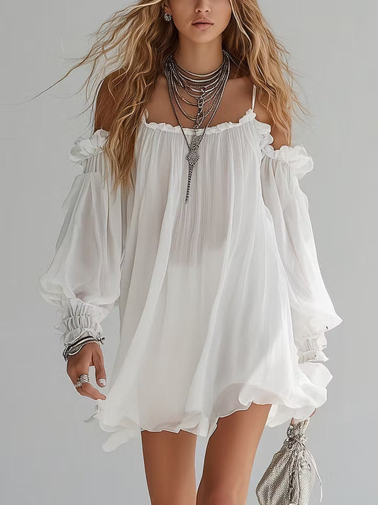 Marina | Vestido Mini Fluido de Estilo Bohemio con Hombros Descubiertos
