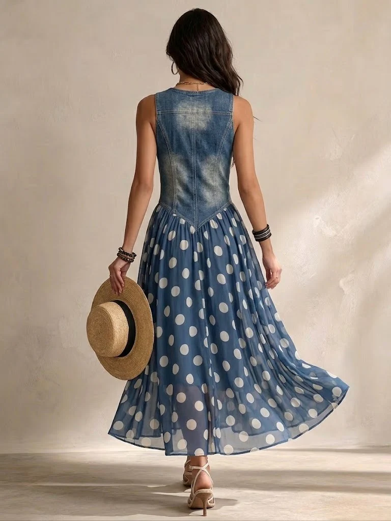 Beatriz | Vestido vaquero elegante con falda de chifón de lunares