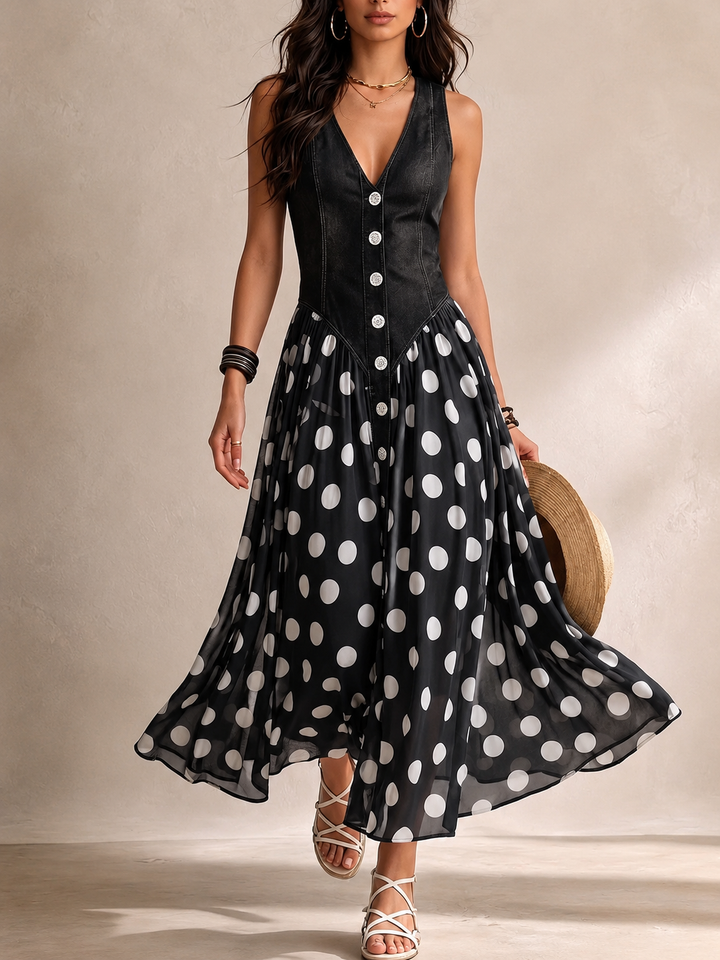 Beatriz | Vestido vaquero elegante con falda de chifón de lunares