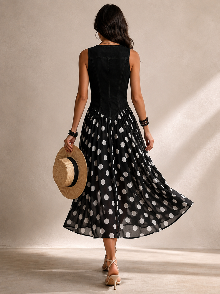 Beatriz | Vestido vaquero elegante con falda de chifón de lunares
