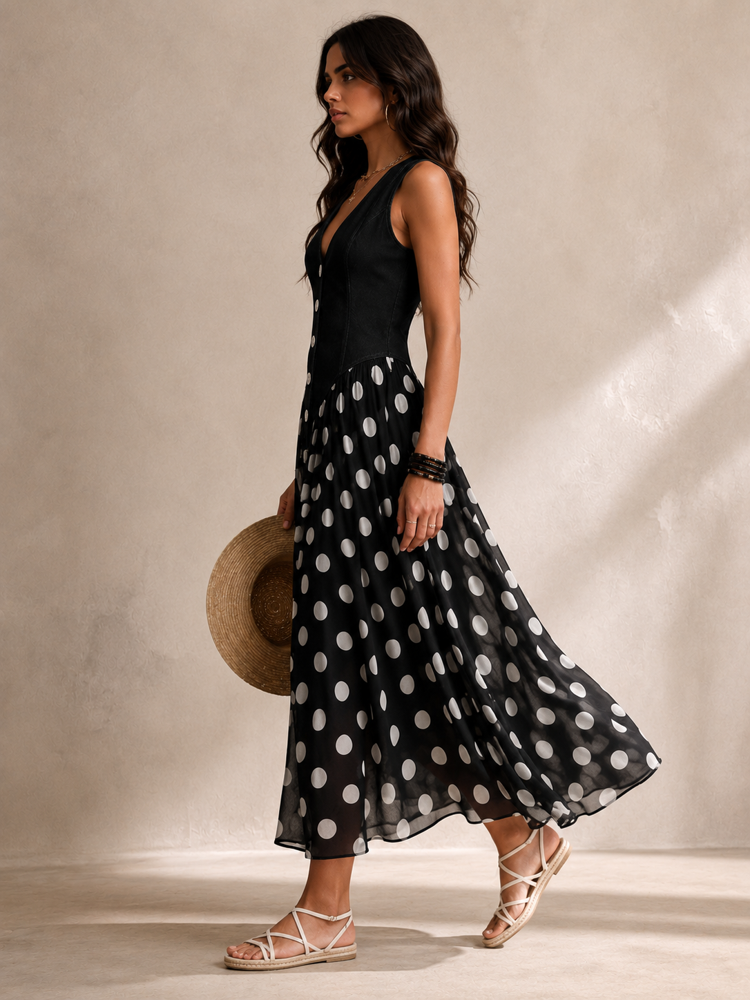 Beatriz | Vestido vaquero elegante con falda de chifón de lunares