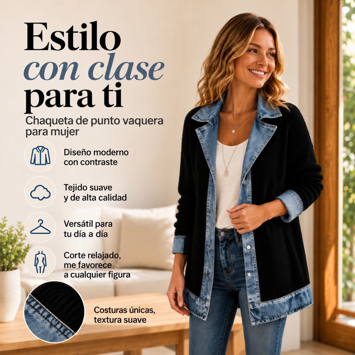 ⭐ Elegante abrigo de mujer de denim con inserto de punto acanalado