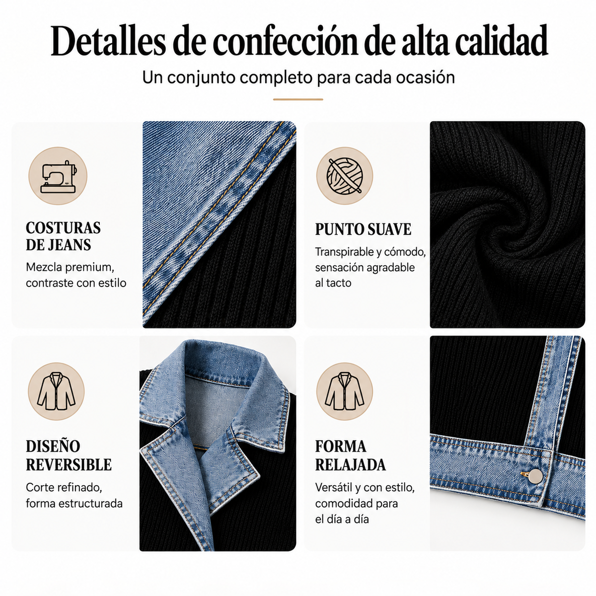 ⭐ Elegante abrigo de mujer de denim con inserto de punto acanalado