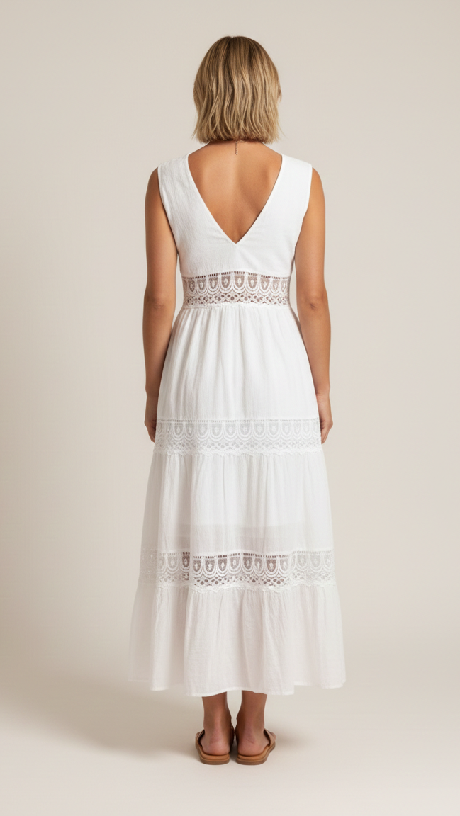 Vestido blanco de encaje con cuello en V para mujer