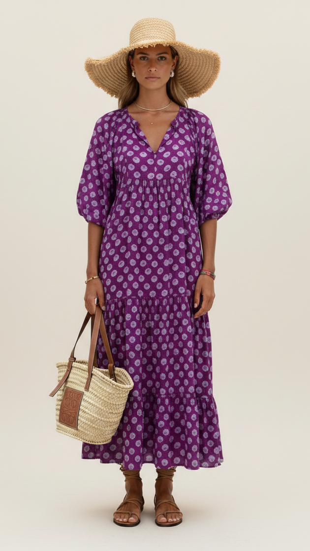 Vestido largo bohemio con cuello en V para mujer