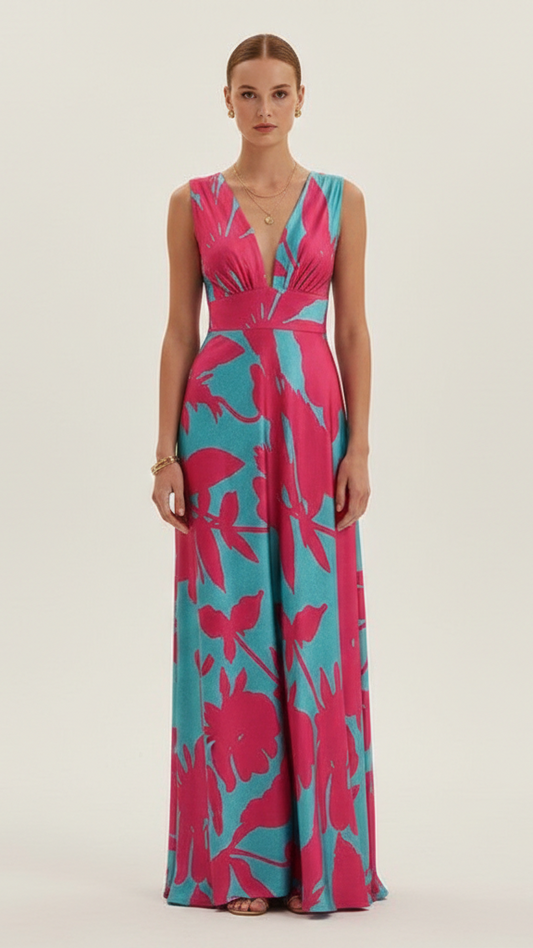 Vestido largo para mujer sin mangas y con escote en V profundo