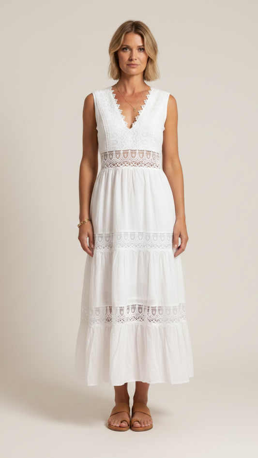 Vestido blanco de encaje con cuello en V para mujer