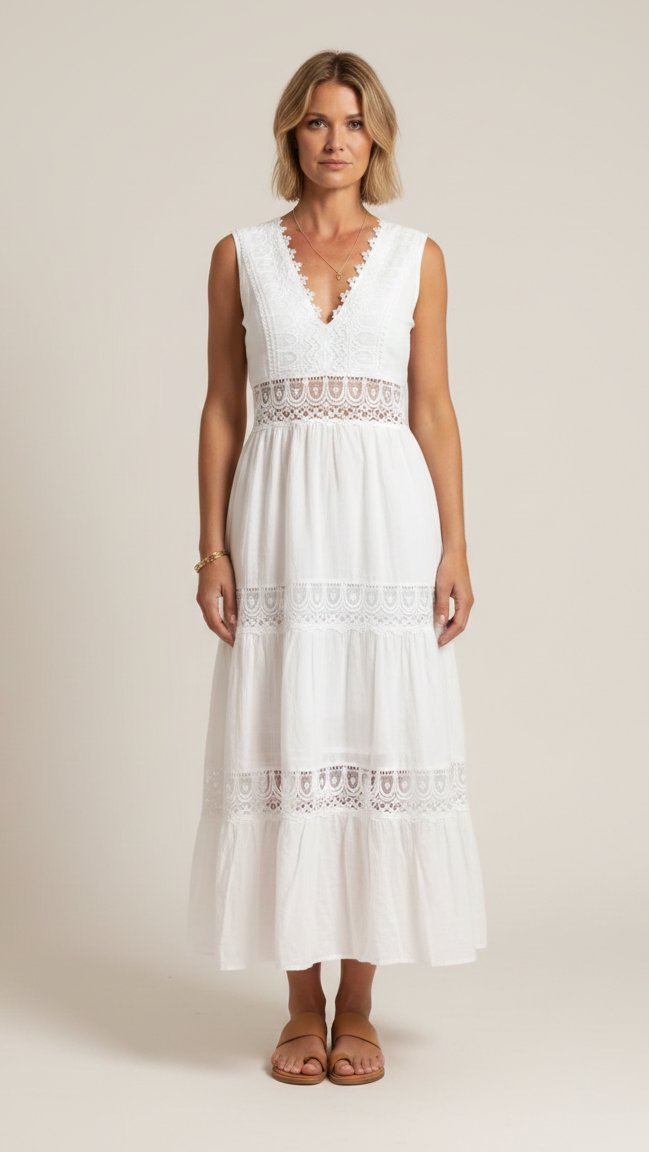 Vestido blanco de encaje con cuello en V para mujer