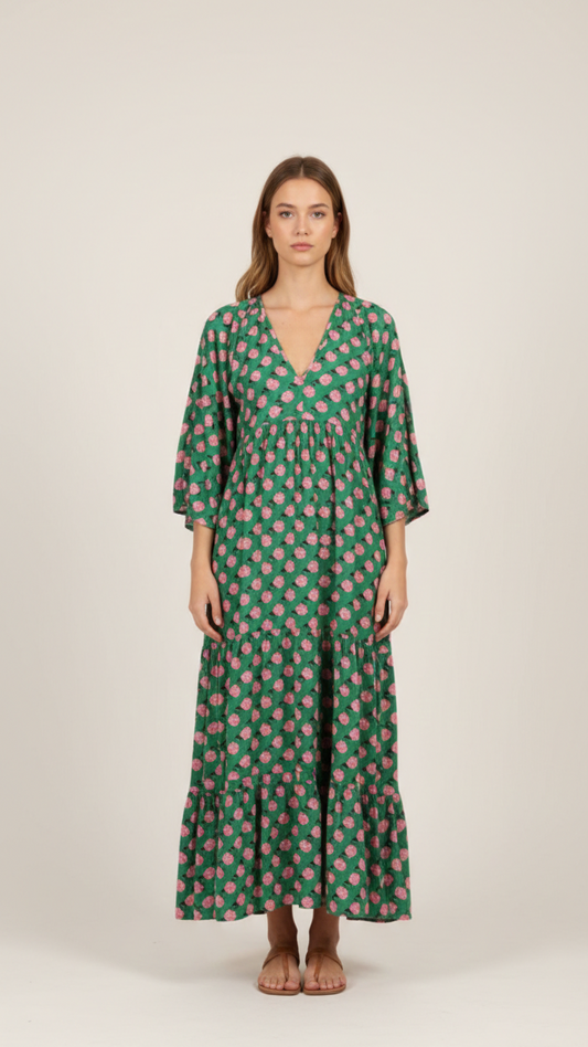 Vestido largo bohemio con cuello en V para mujer