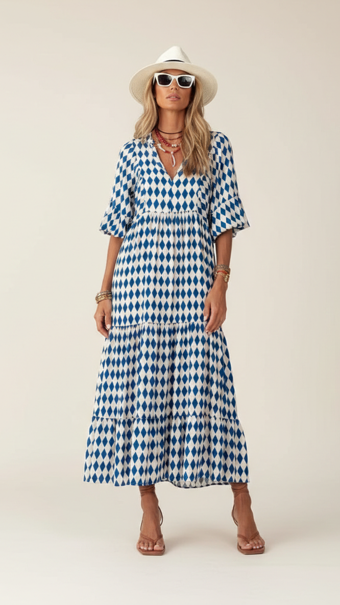 Vestido largo bohemio con cuello en V para mujer