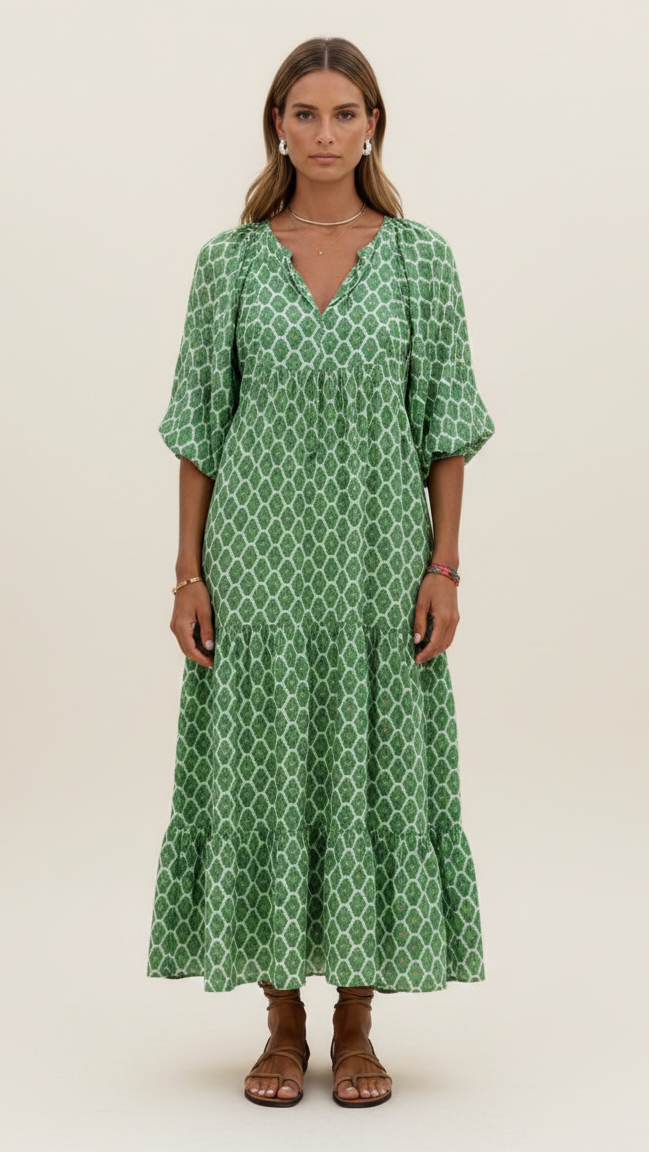 Vestido largo bohemio con cuello en V para mujer