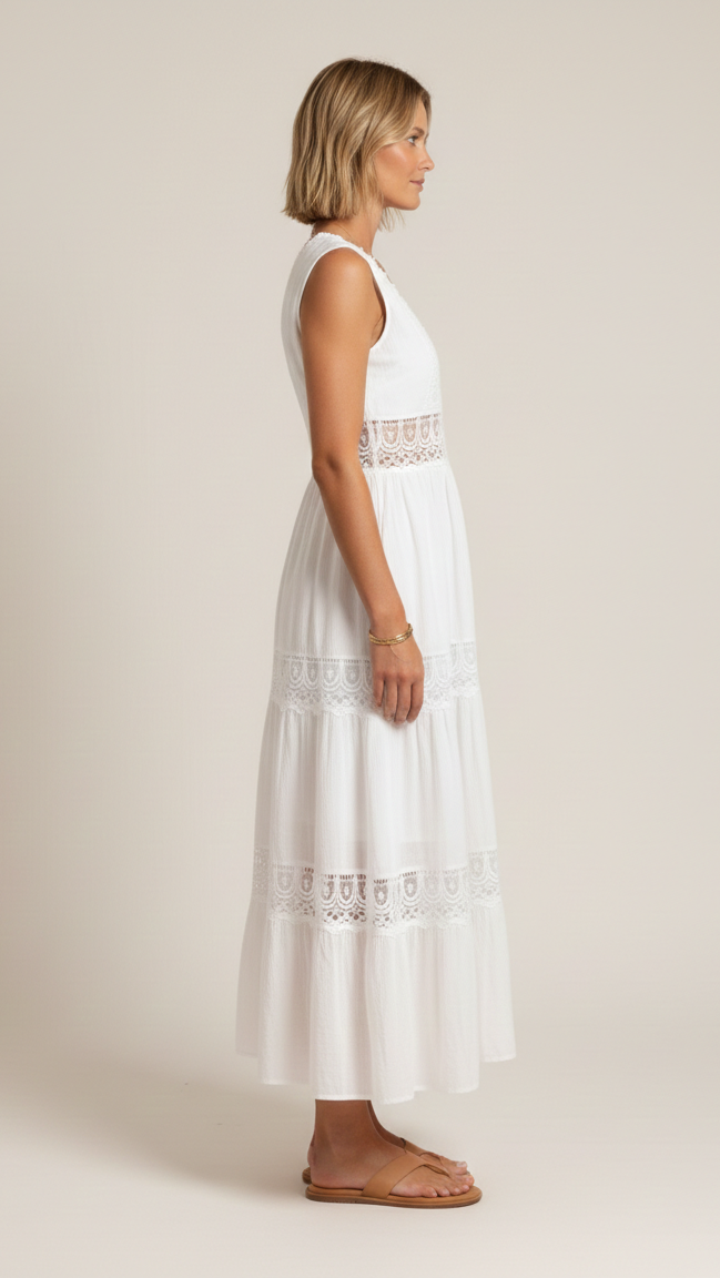 Vestido blanco de encaje con cuello en V para mujer