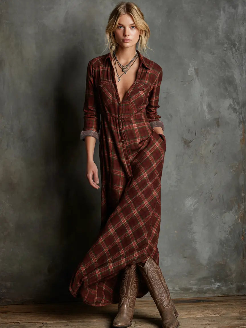 VESTIDO MAXI CAMISERO CUADROS SOLAPAS