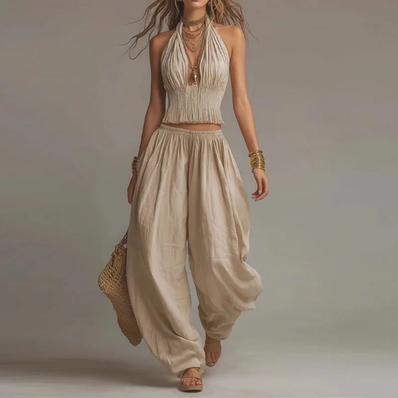 Conjunto Boho Chic Ibiza de 2 Piezas – Top Halter Calado y Pantalón Fluido de Cintura Elástica