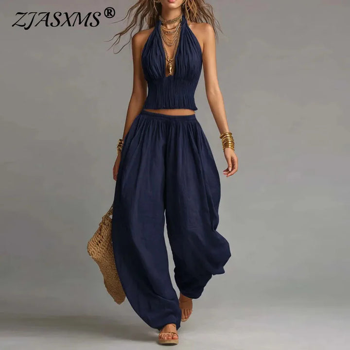 Conjunto Boho Chic Ibiza de 2 Piezas – Top Halter Calado y Pantalón Fluido de Cintura Elástica