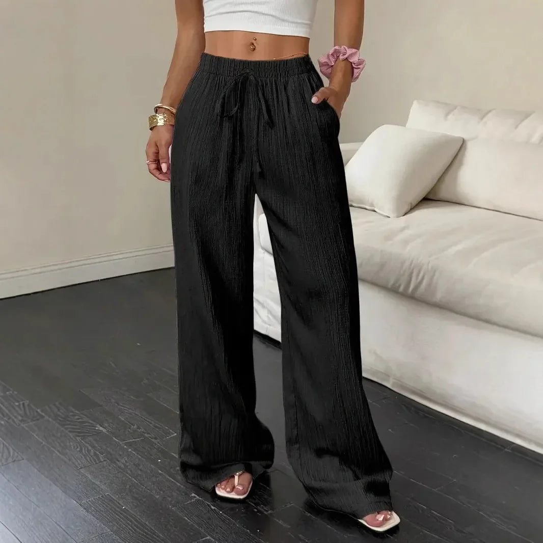 Pantalón Marelle™ de algodón y lino con cordón de ajuste y corte palazzo amplio