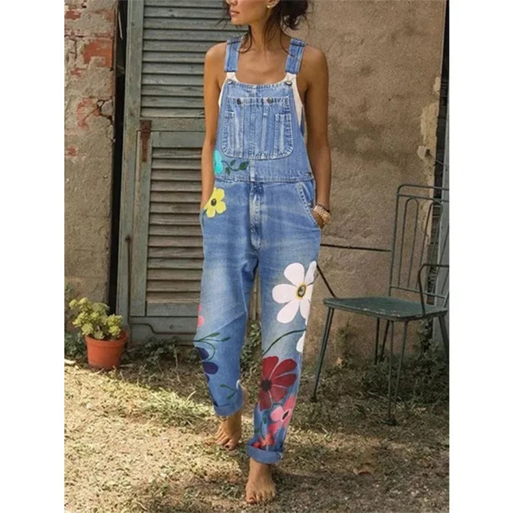 Mono vaquero sin mangas con estampado floral, estilo sexy tipo body, peto o enterizo de mezclilla para mujer y joven.