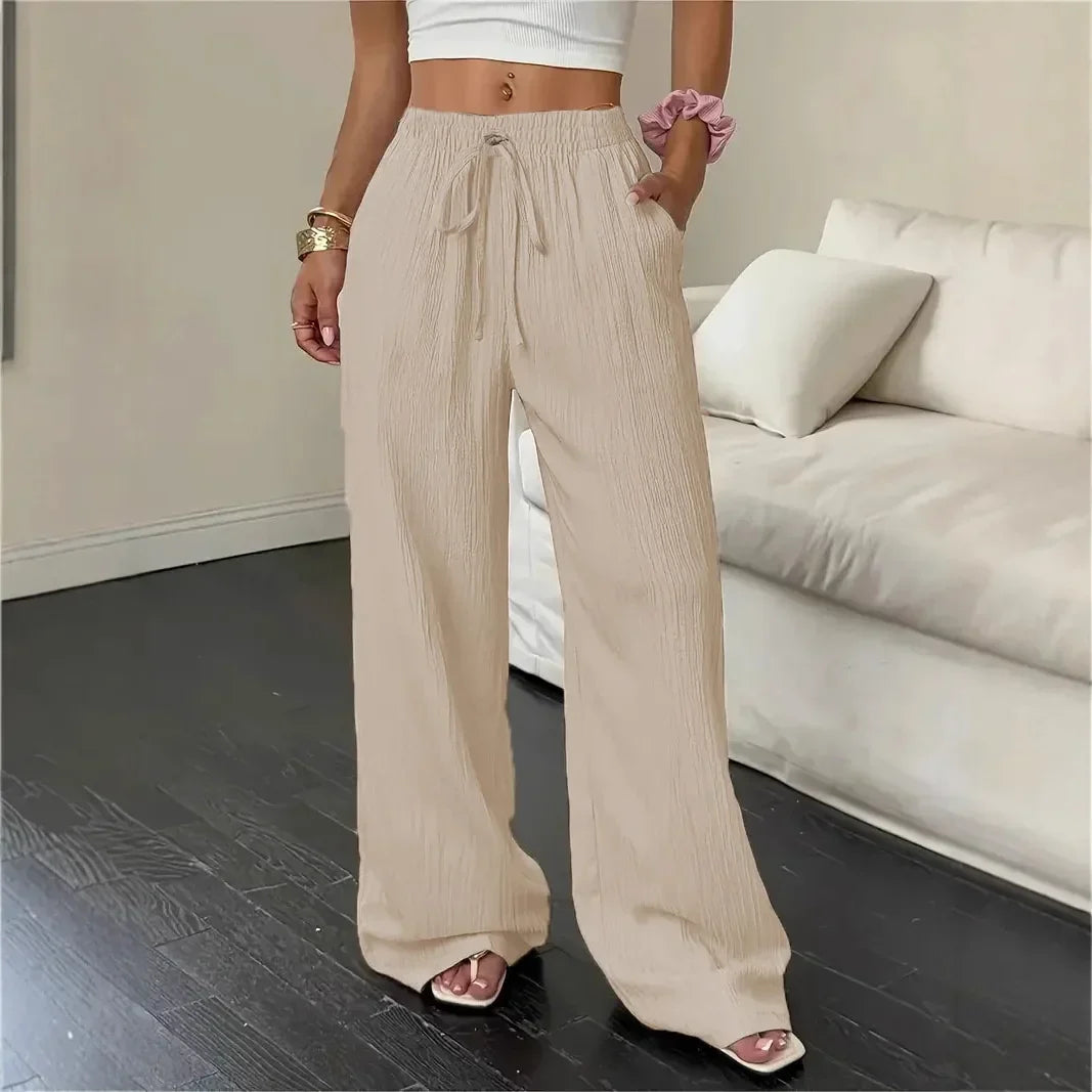 Pantalón Marelle™ de algodón y lino con cordón de ajuste y corte palazzo amplio