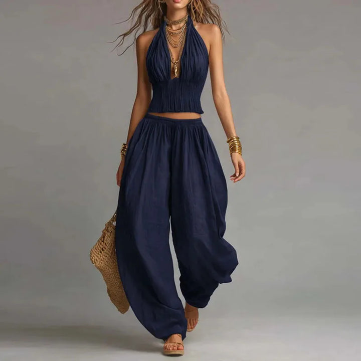 Conjunto Boho Chic Ibiza de 2 Piezas – Top Halter Calado y Pantalón Fluido de Cintura Elástica