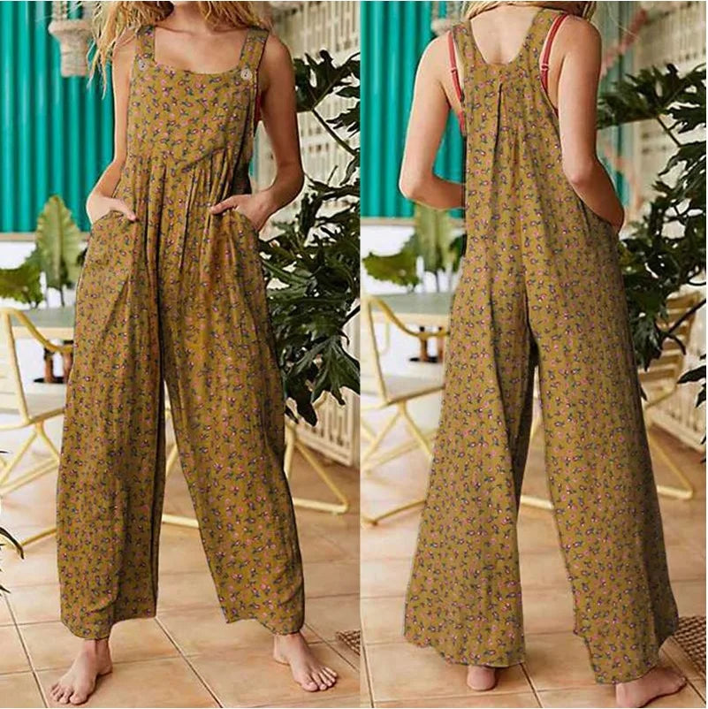Mono corto casual y holgado para mujer, estilo bohemio, sin mangas, con cuello cuadrado y estampado floral.