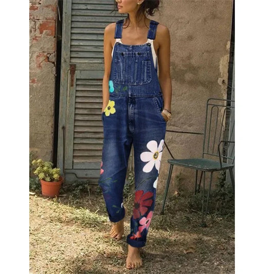 Mono vaquero sin mangas con estampado floral, estilo sexy tipo body, peto o enterizo de mezclilla para mujer y joven.
