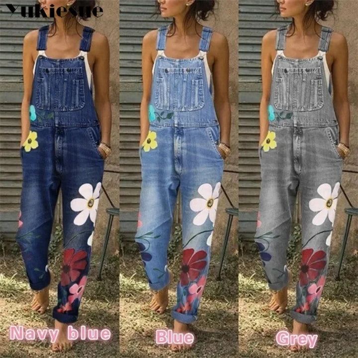 Mono vaquero sin mangas con estampado floral, estilo sexy tipo body, peto o enterizo de mezclilla para mujer y joven.