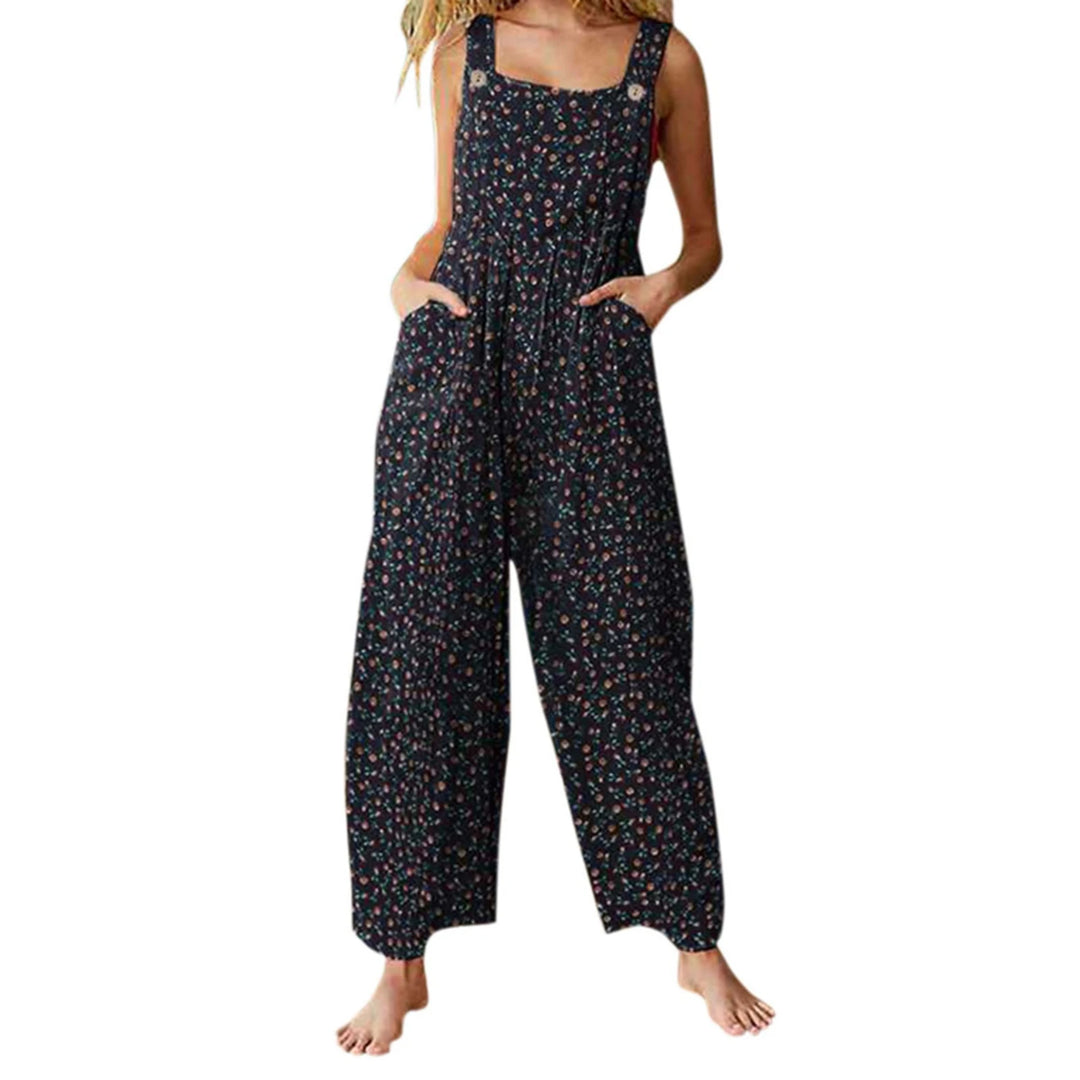 Mono corto casual y holgado para mujer, estilo bohemio, sin mangas, con cuello cuadrado y estampado floral.