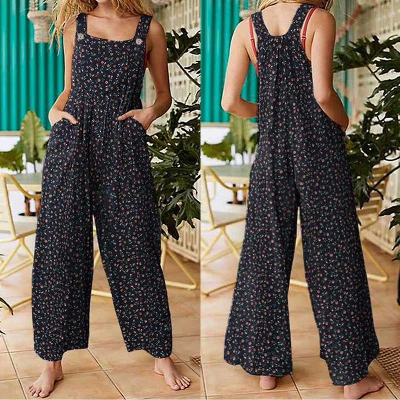 Mono corto casual y holgado para mujer, estilo bohemio, sin mangas, con cuello cuadrado y estampado floral.