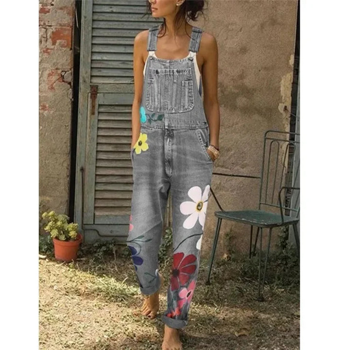 Mono vaquero sin mangas con estampado floral, estilo sexy tipo body, peto o enterizo de mezclilla para mujer y joven.