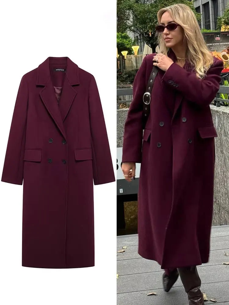 Chaqueta Burdeos Nora Valdés – Abrigo de Mujer con Solapa y Doble Botonadura
