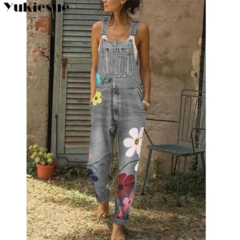 Mono vaquero sin mangas con estampado floral, estilo sexy tipo body, peto o enterizo de mezclilla para mujer y joven.